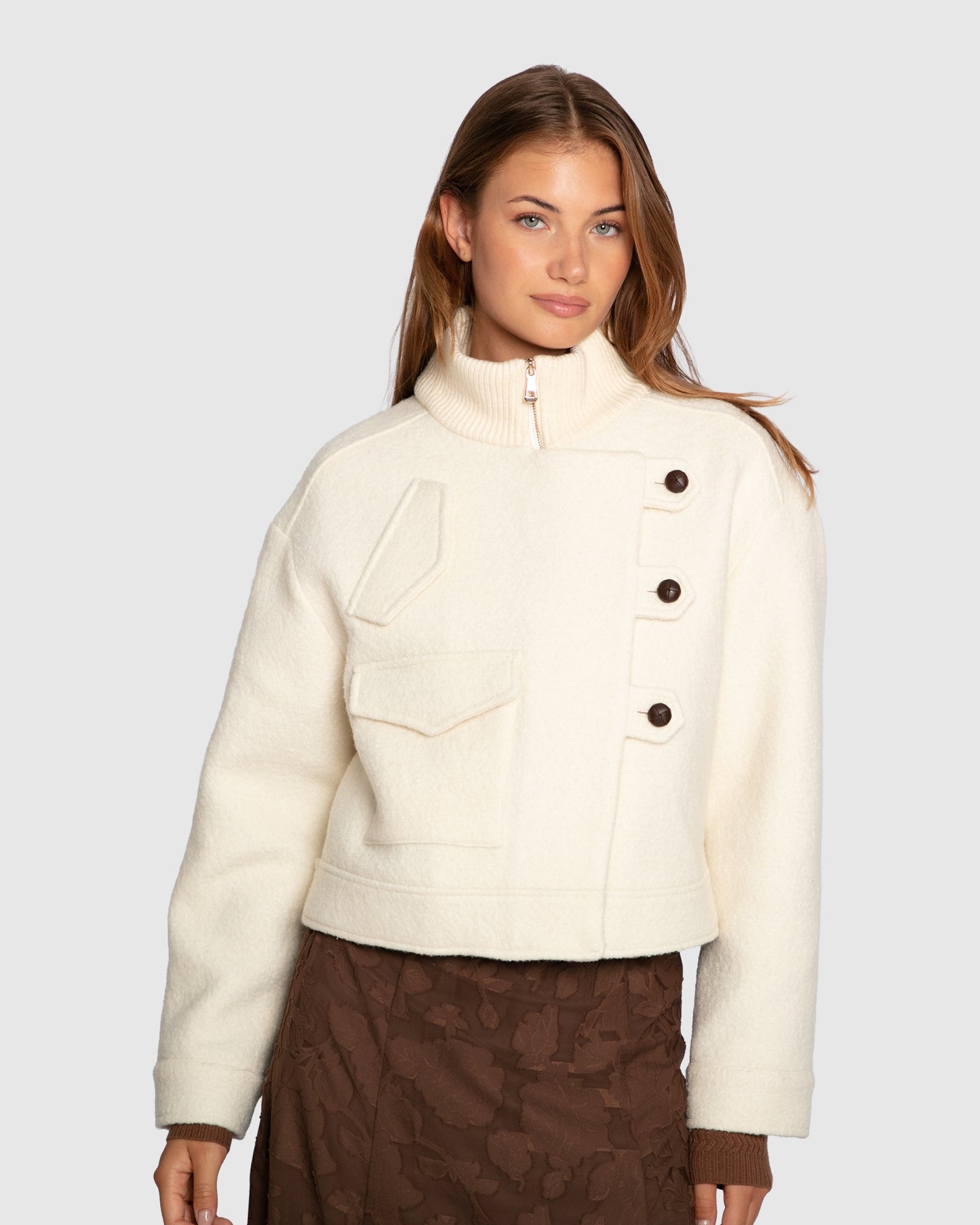 Crystal Skies Cropped Wool Rib Jacket - Cream