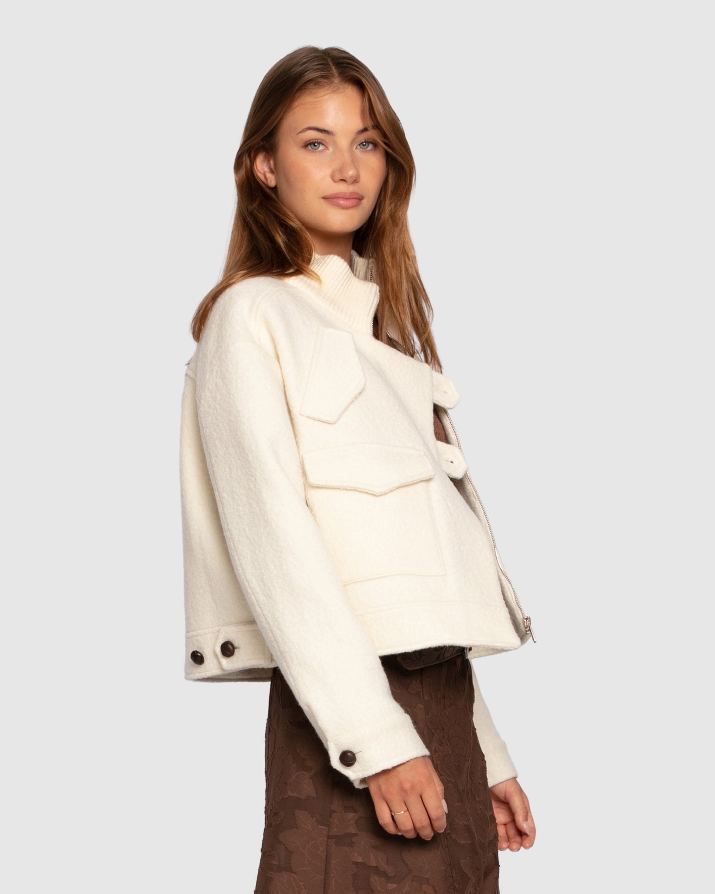Crystal Skies Cropped Wool Rib Jacket - Cream