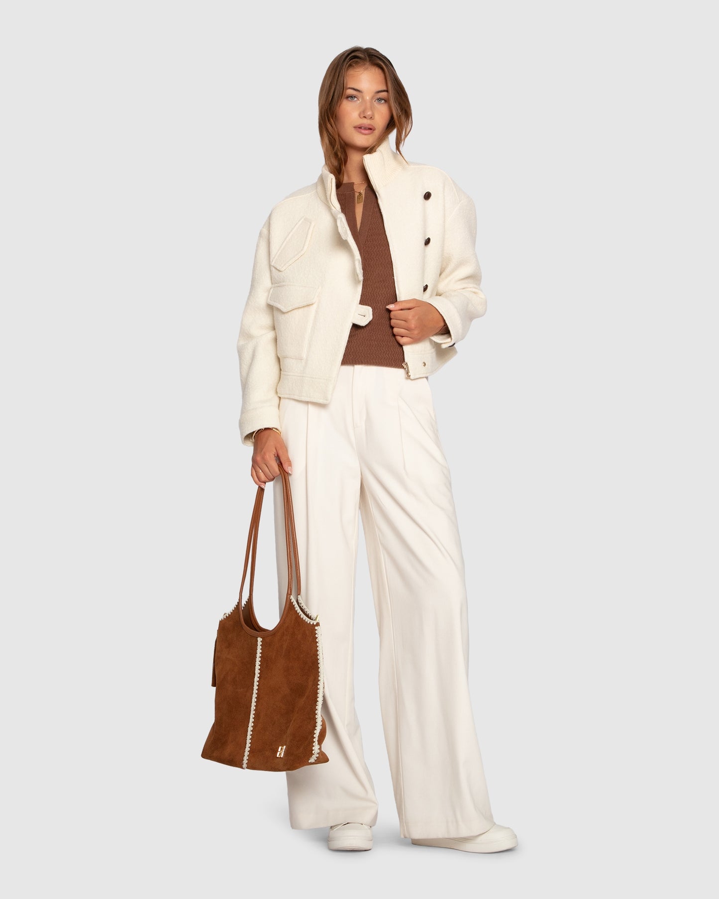 Crystal Skies Cropped Wool Rib Jacket - Cream