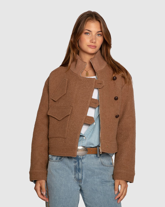 Crystal Skies Cropped Wool Rib Jacket - Vicuna