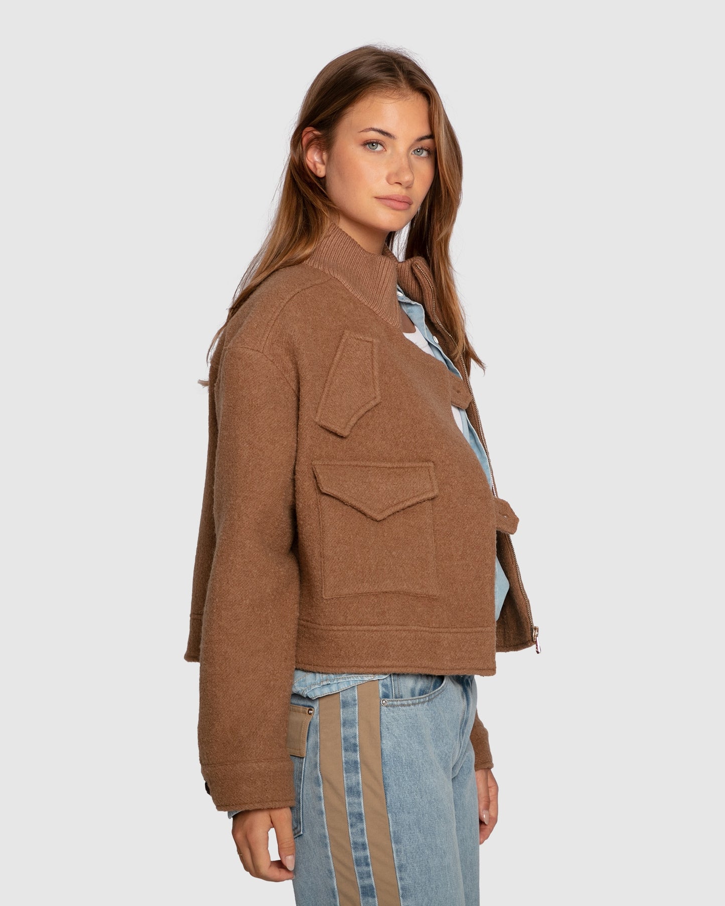 Crystal Skies Cropped Wool Rib Jacket - Vicuna
