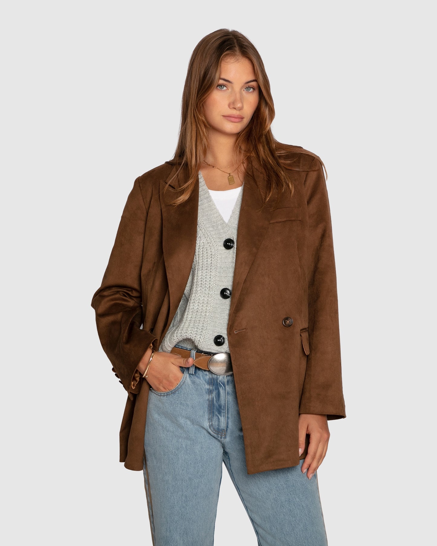 Charmer Faux Suede Blazer -  Brown