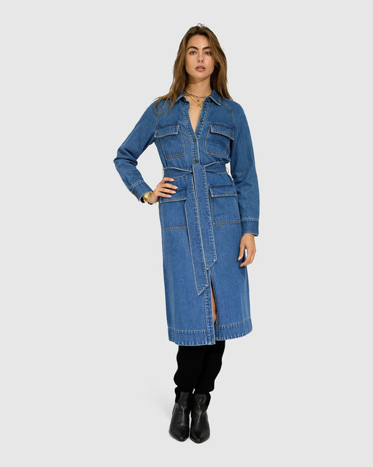 See Through You Midi Belted Trench Dress - Mid Blue