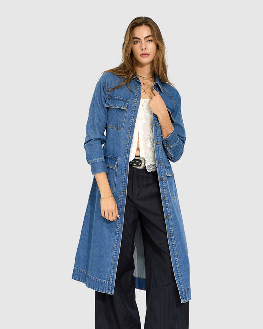 See Through You Midi Belted Trench Dress - Mid Blue