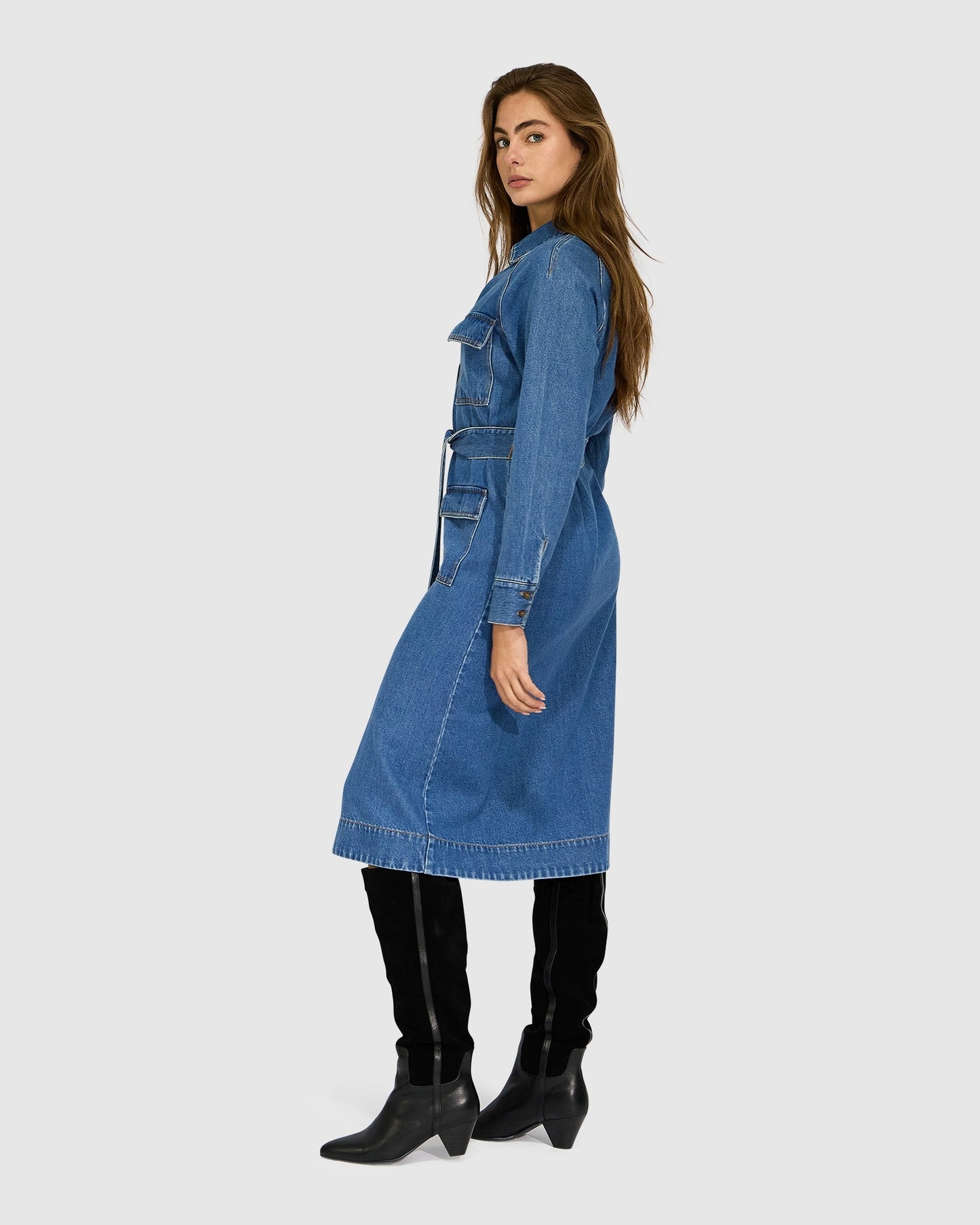 See Through You Midi Belted Trench Dress - Mid Blue