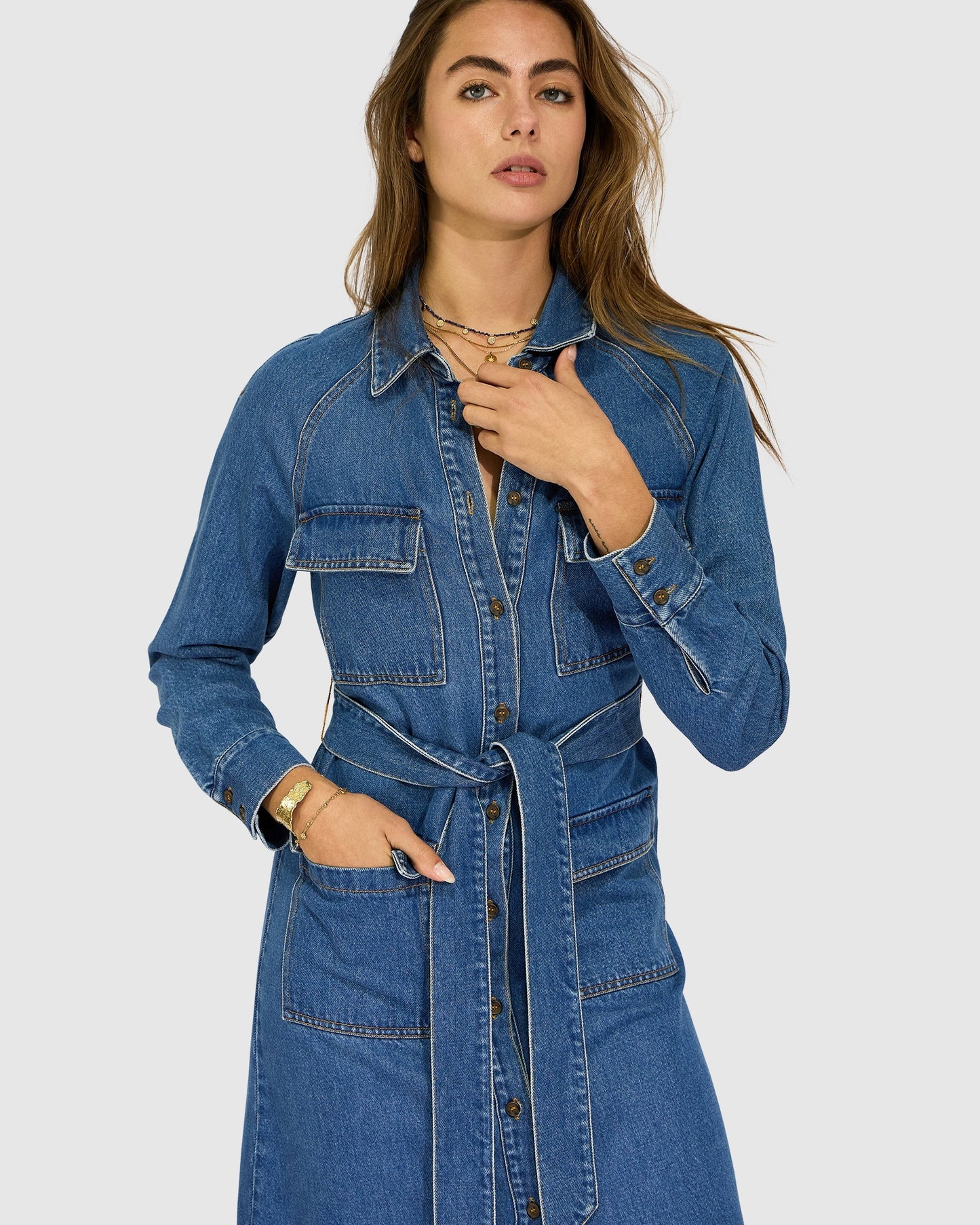 See Through You Midi Belted Trench Dress - Mid Blue