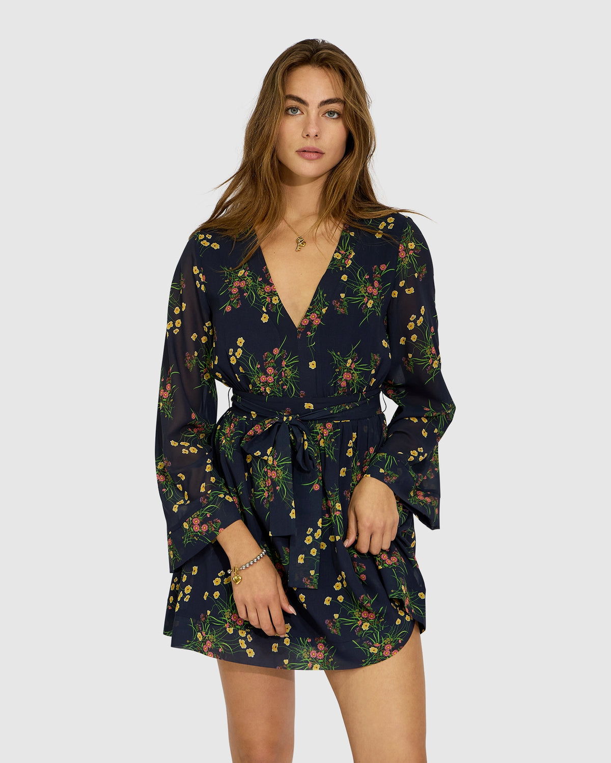Precision Flared Sleeve Mini Dress - Navy Floral
