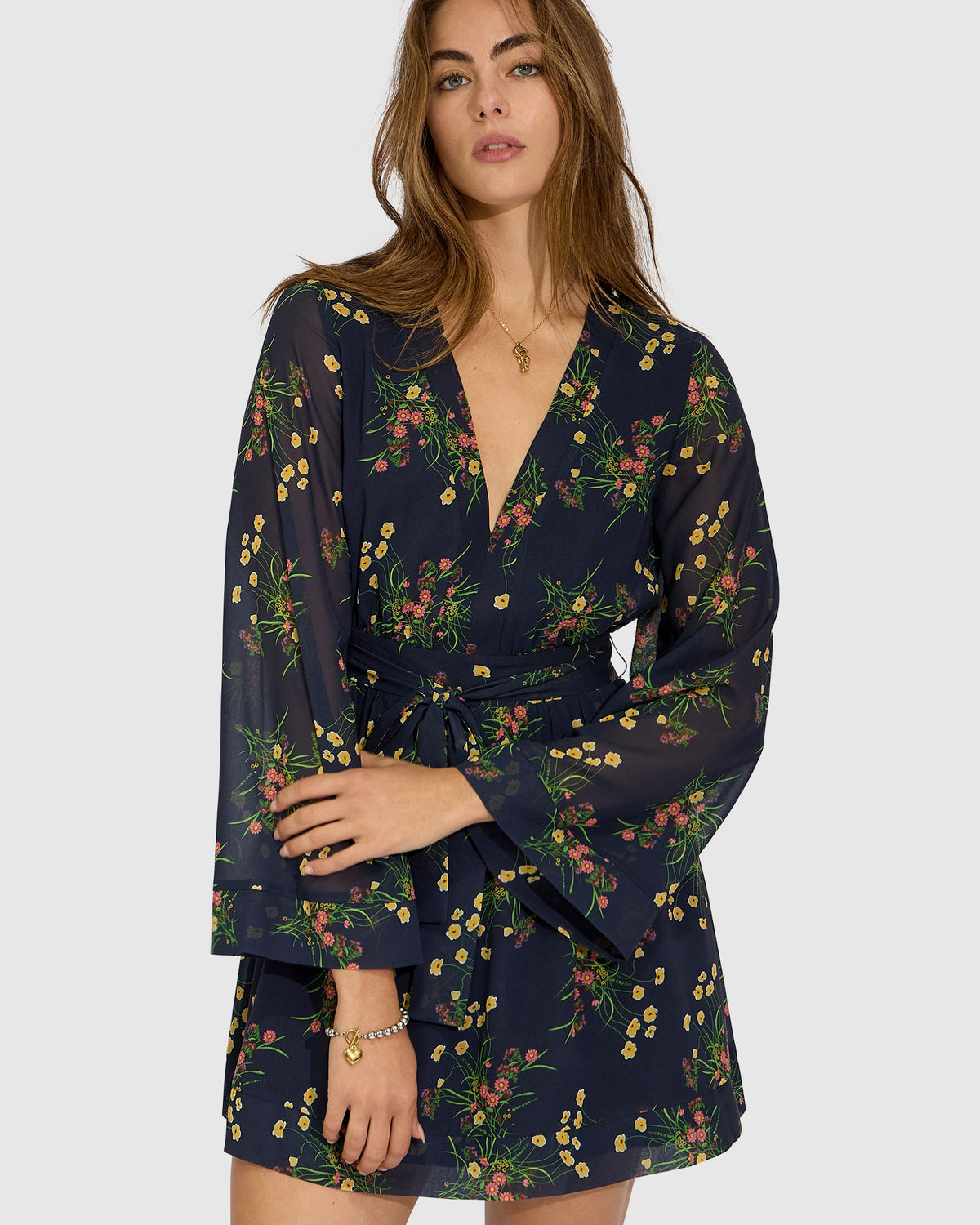 Precision Flared Sleeve Mini Dress - Navy Floral