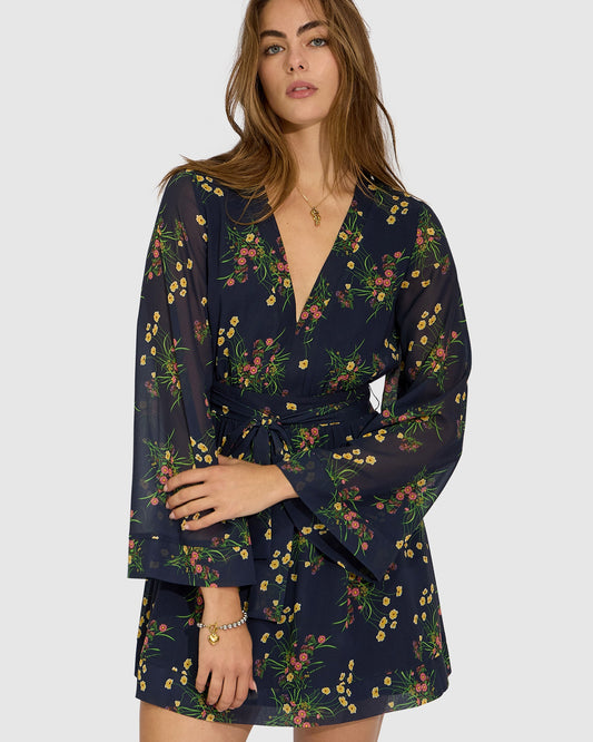 Precision Flared Sleeve Mini Dress - Navy Floral