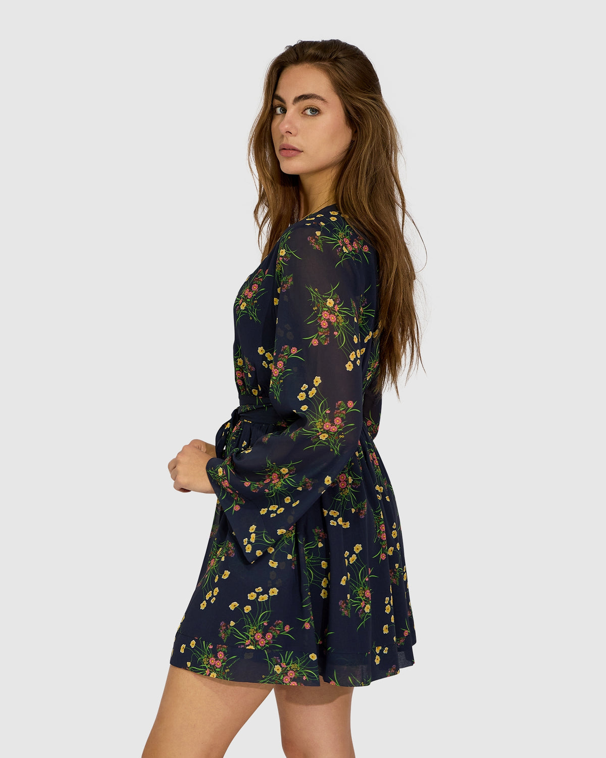 Precision Flared Sleeve Mini Dress - Navy Floral