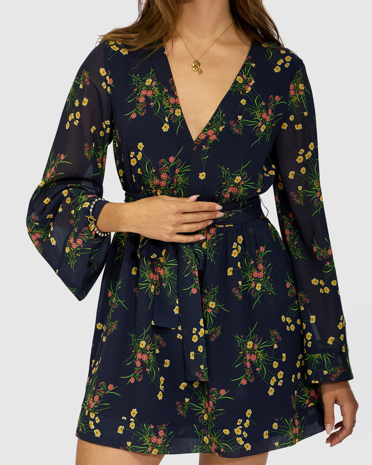 Precision Flared Sleeve Mini Dress - Navy Floral