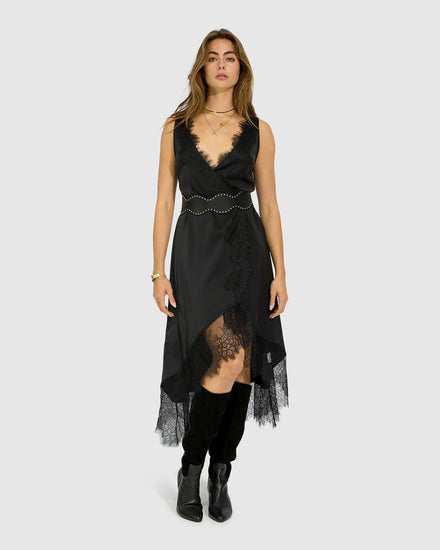Soft Temptation Lace Trim Wrap Dress - Black