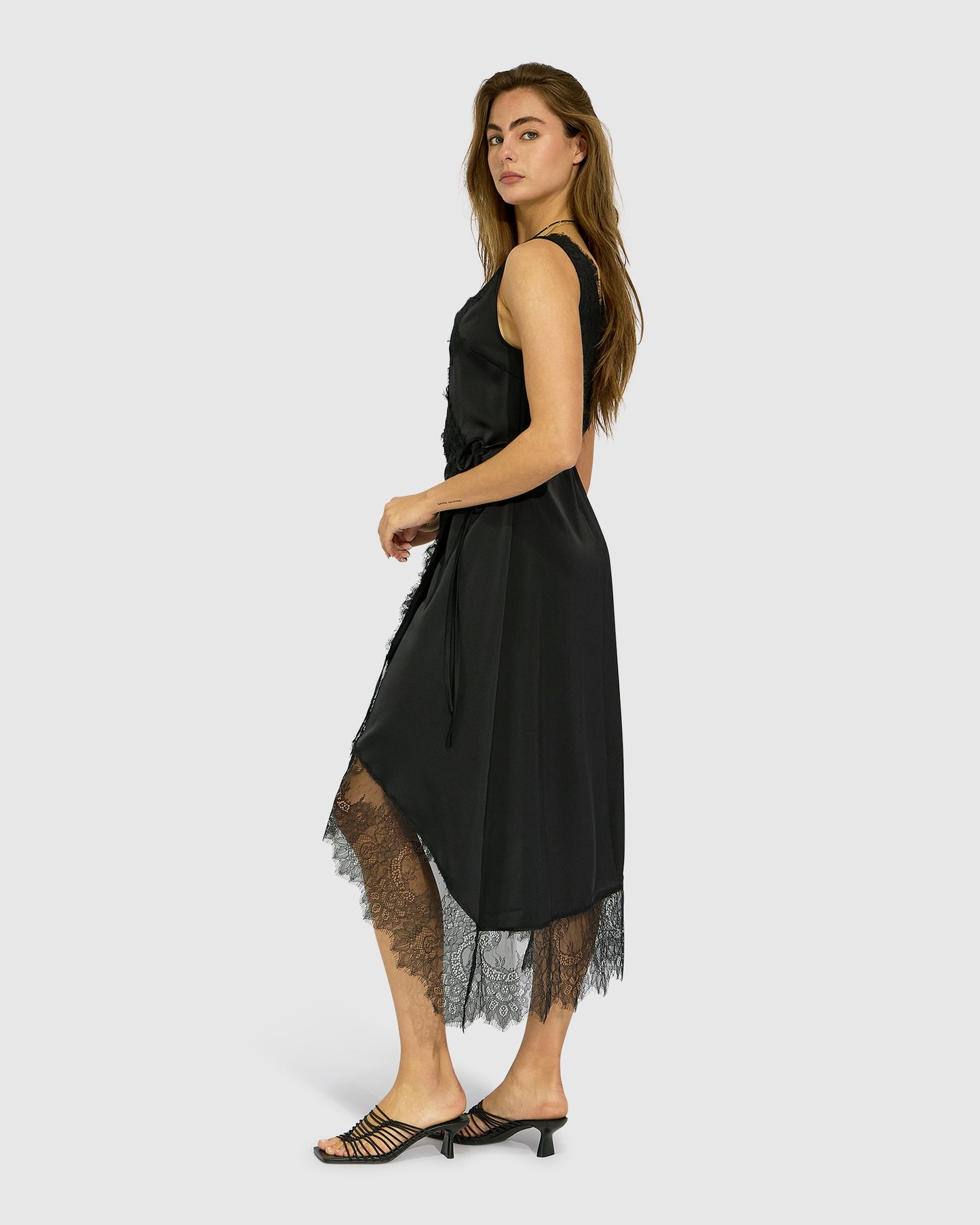 Soft Temptation Lace Trim Wrap Dress - Black