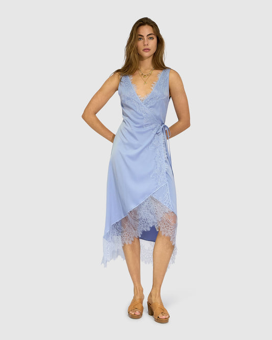 Soft Temptation Lace Trim Wrap Dress - Blue
