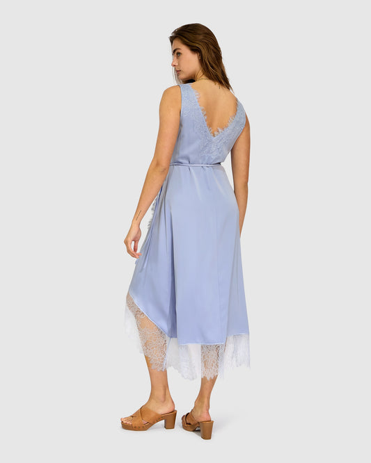 Soft Temptation Lace Trim Wrap Dress - Blue