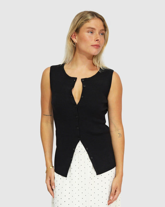 Close To You Ribbed Button Up Sleeveless Vest - Black