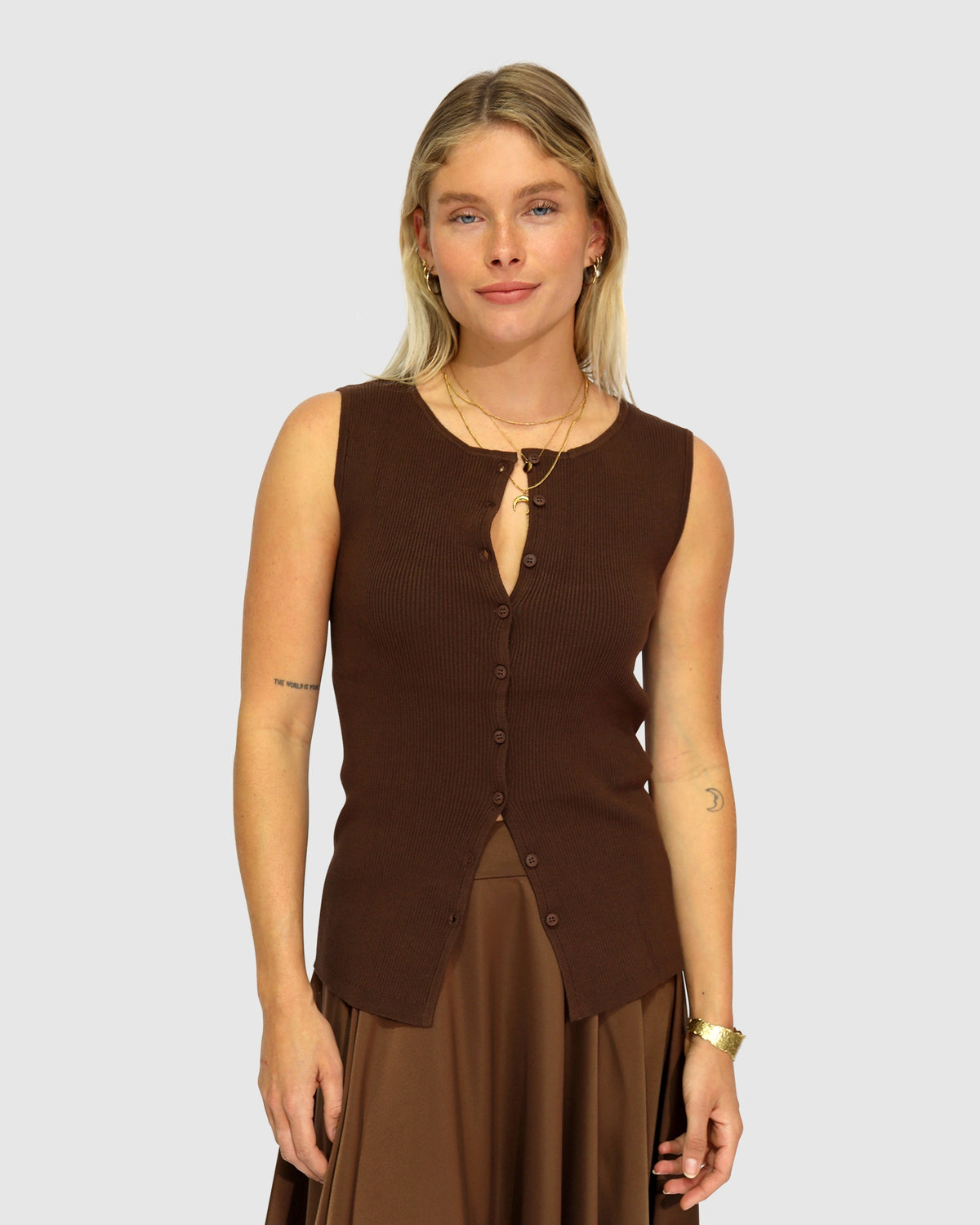 Close To You Ribbed Button Up Sleeveless Vest - Chocolate