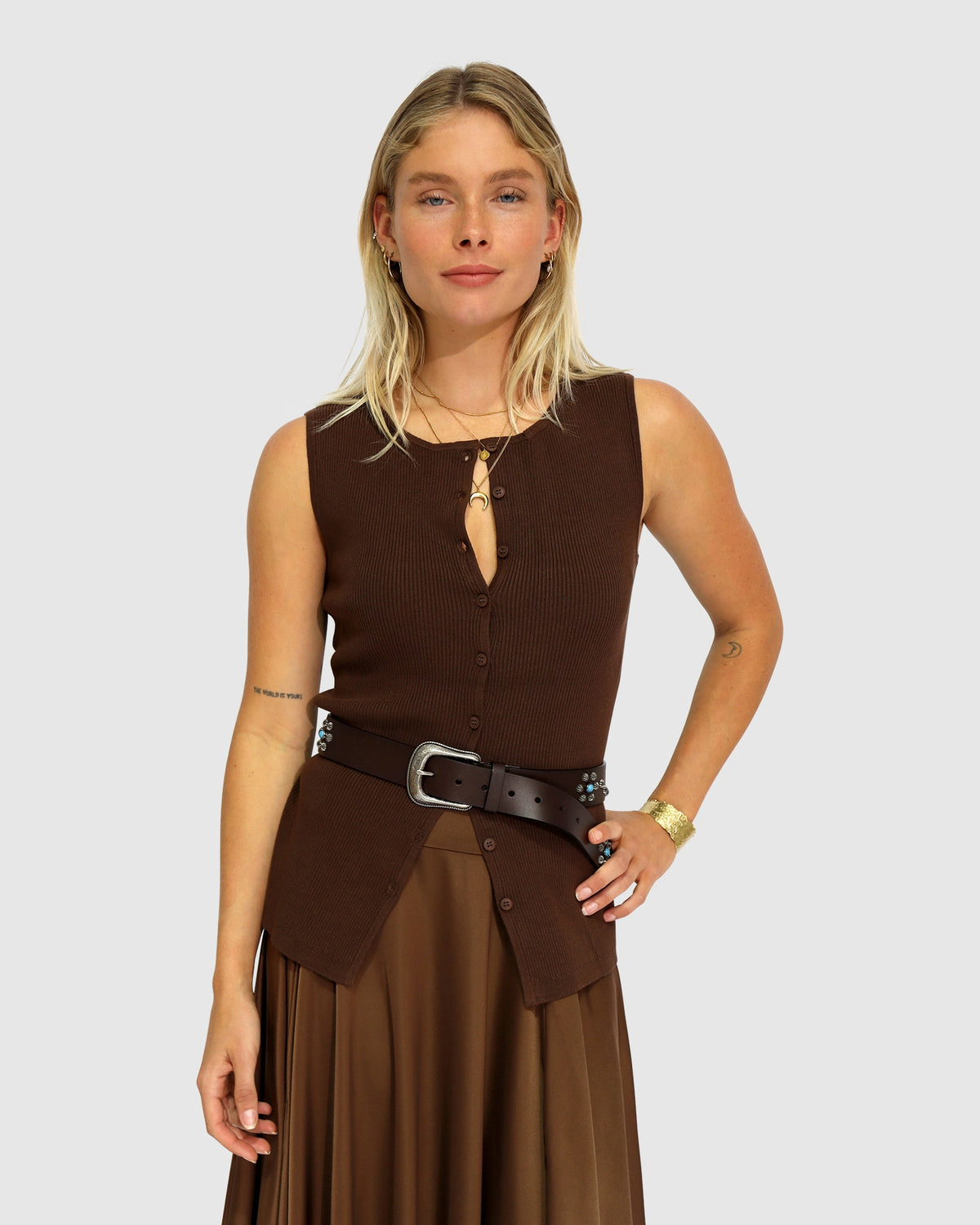 Close To You Ribbed Button Up Sleeveless Vest - Chocolate