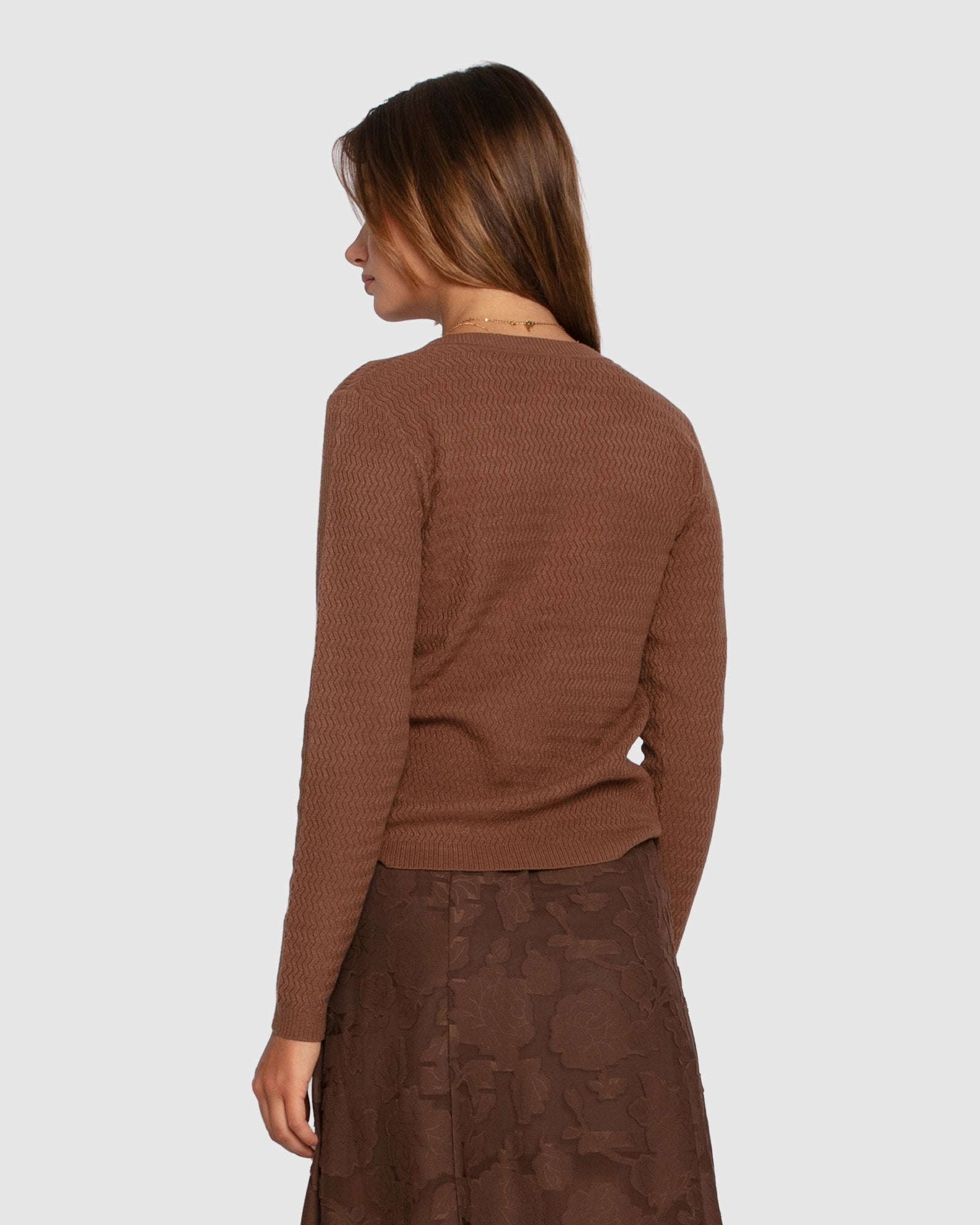 Textured knit top back view chocolate
