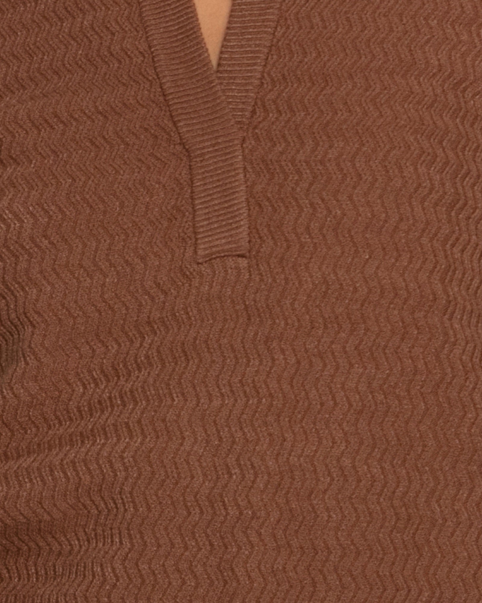 Textured knit top detailed view of fabric in chocolate

