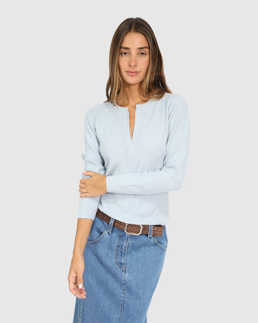 Frankie Textured Knitted Long Sleeve Top - Denim Blue