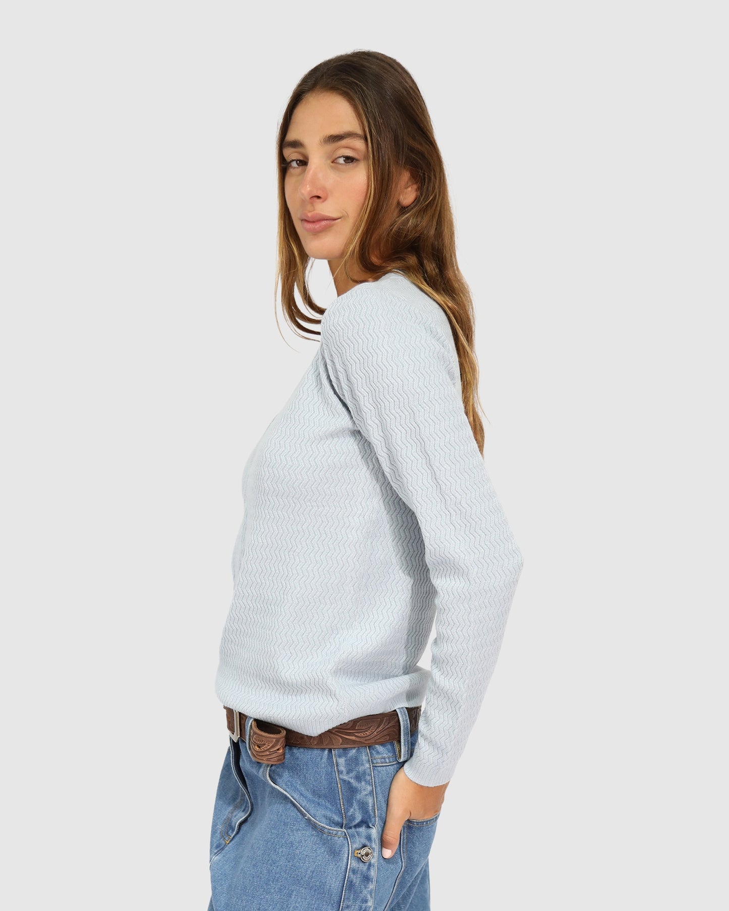 Frankie Textured Knitted Long Sleeve Top - Denim Blue