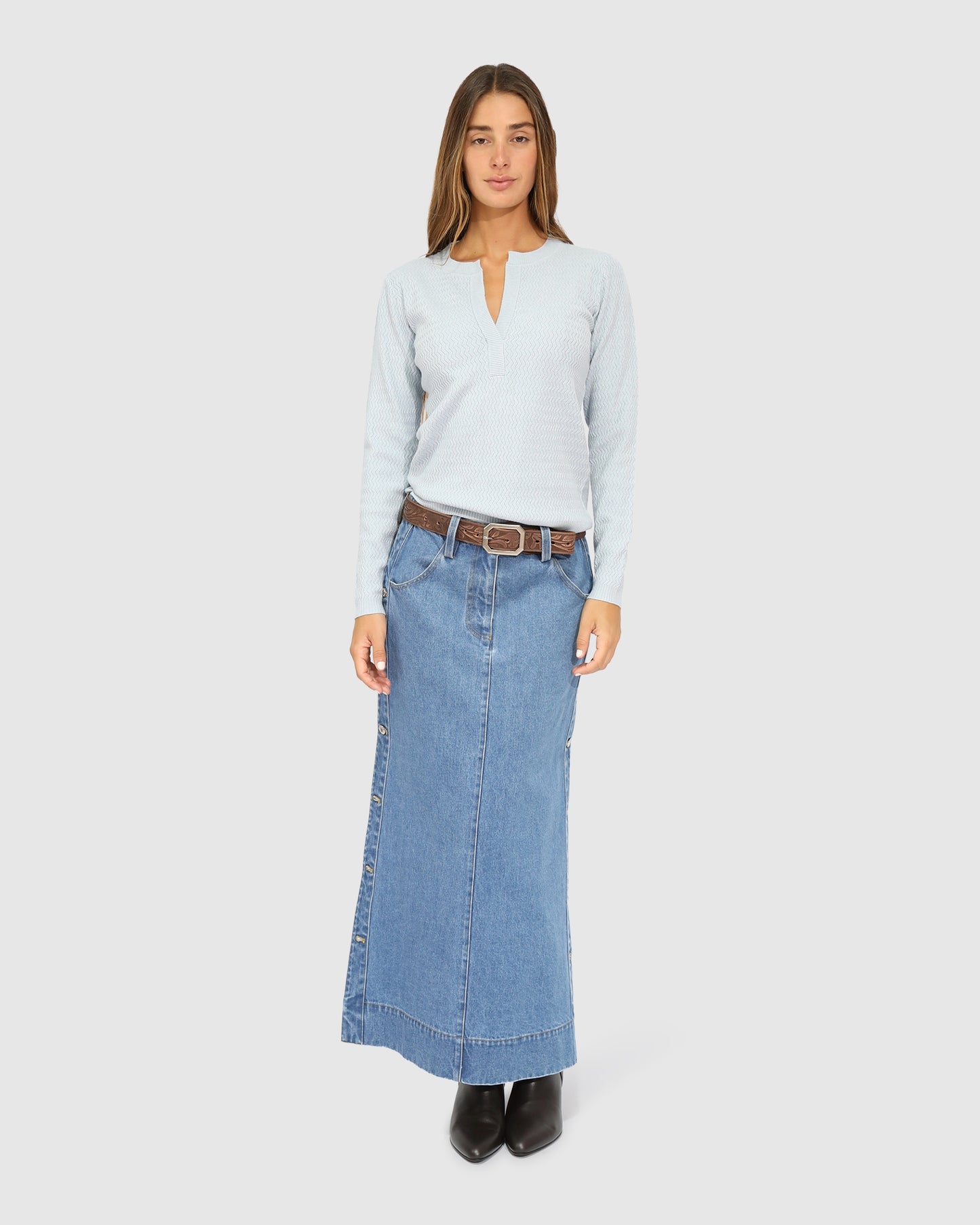 Frankie Textured Knitted Long Sleeve Top - Denim Blue