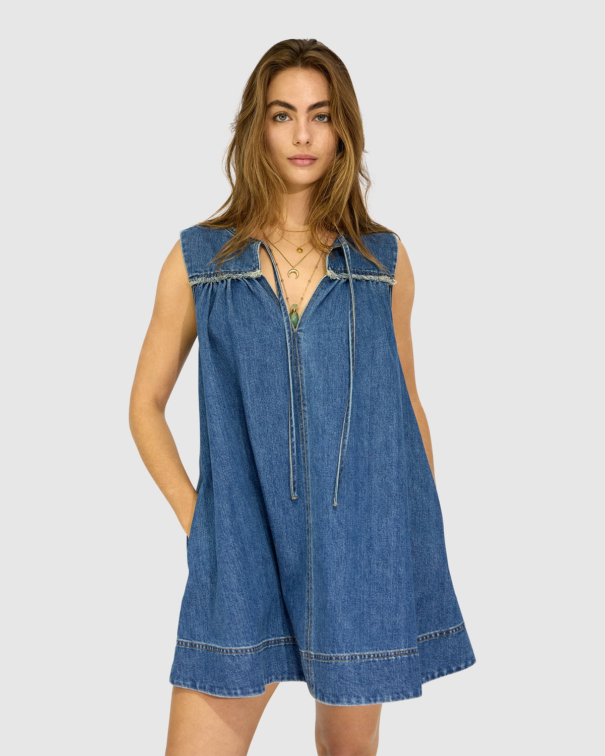 So What Denim Mini Dress - Mid Blue Wash