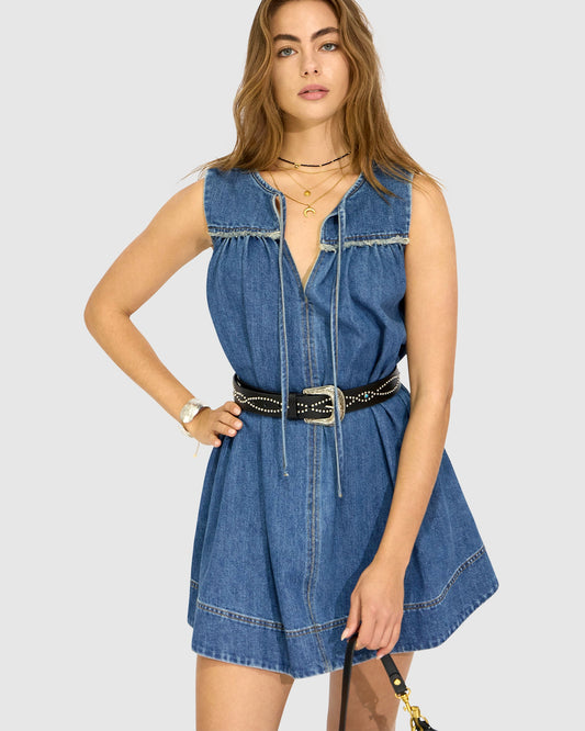 So What Denim Mini Dress - Mid Blue Wash