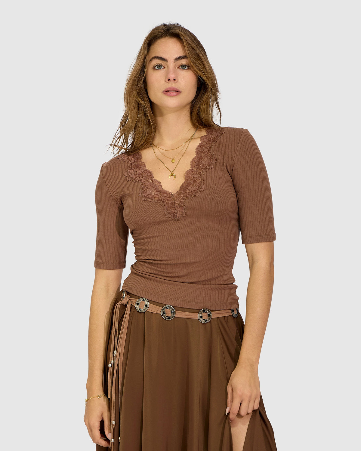 Soft Touch Ribbed Lace Tee - Chocolate