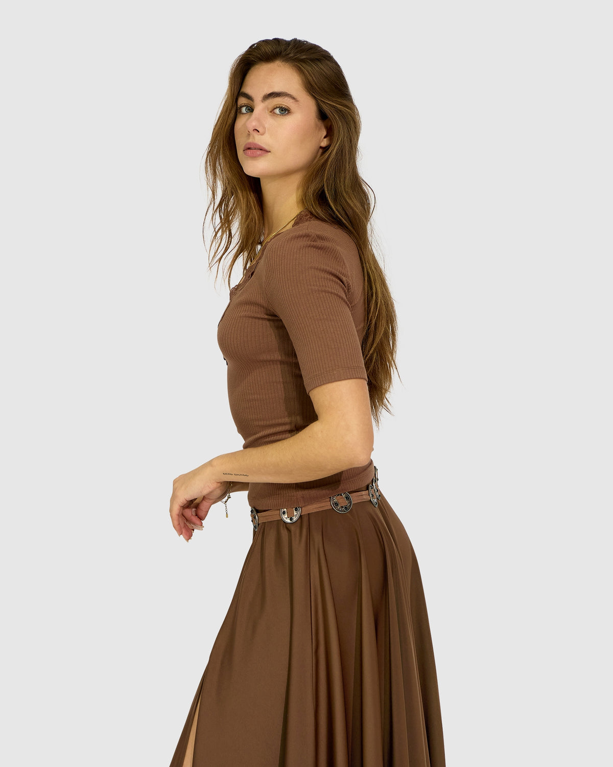 Soft Touch Ribbed Lace Tee - Chocolate