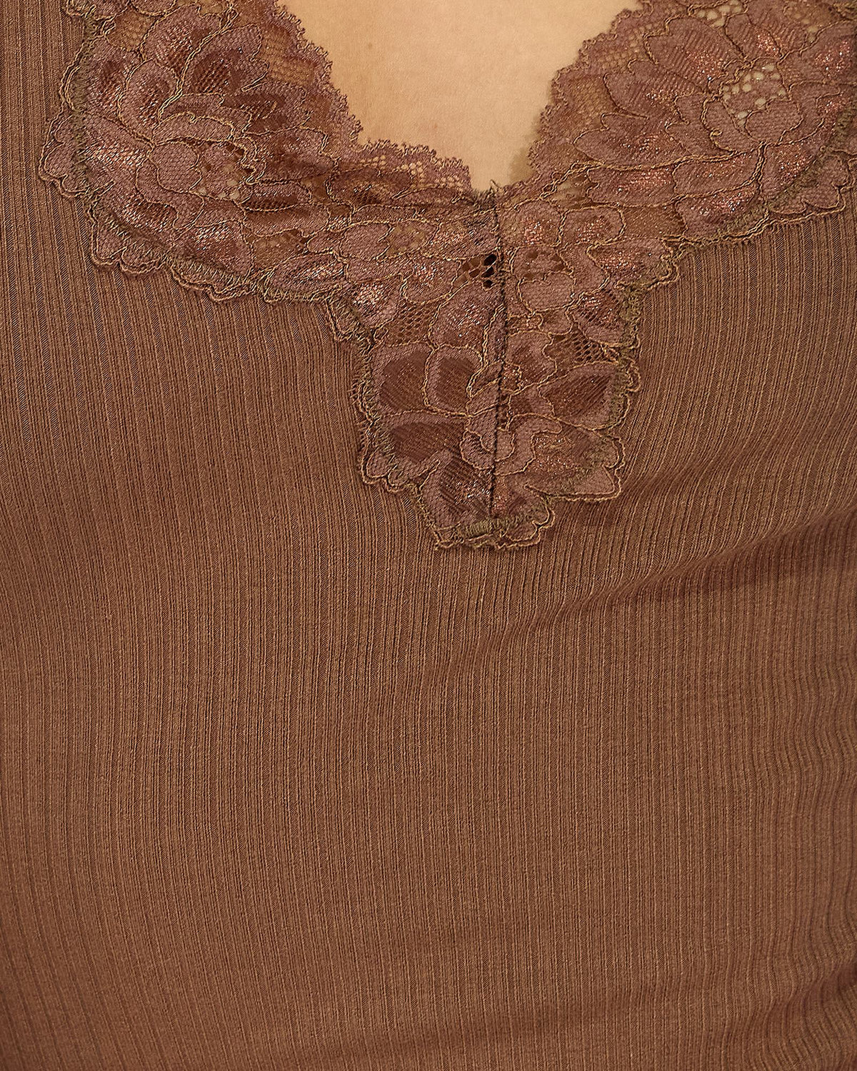 Soft Touch Ribbed Lace Tee - Chocolate