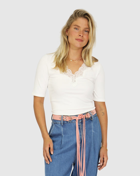 Soft Touch Ribbed Lace Tee - White