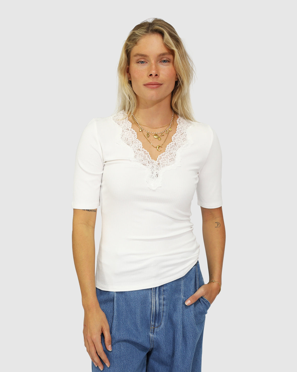 Soft Touch Ribbed Lace Tee - White