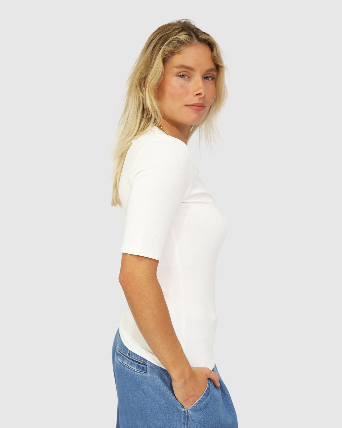 Soft Touch Ribbed Lace Tee - White