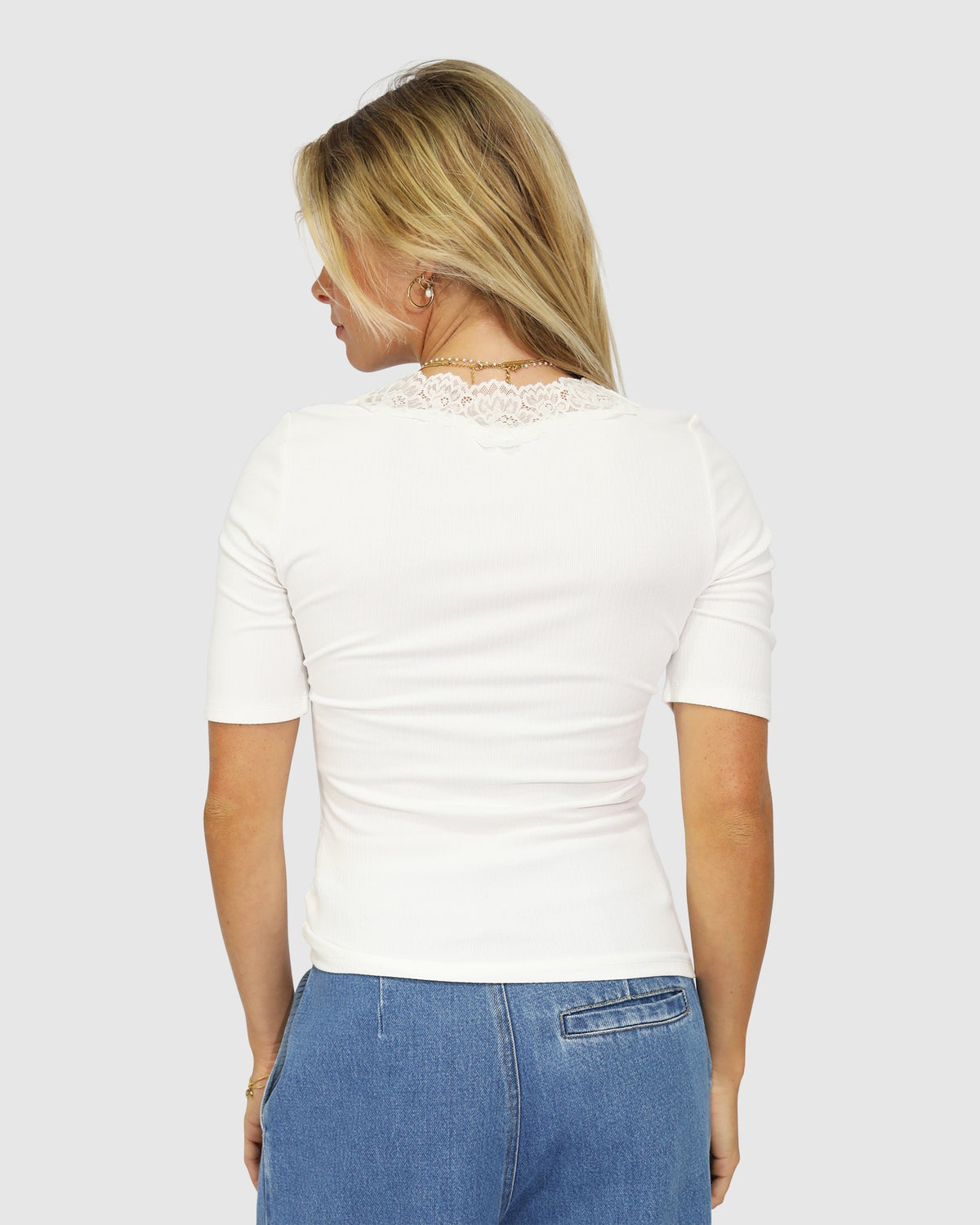 Soft Touch Ribbed Lace Tee - White