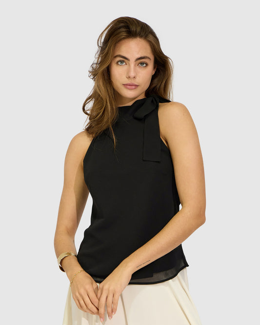 Bare It All Bias Tie Neck Top - Black