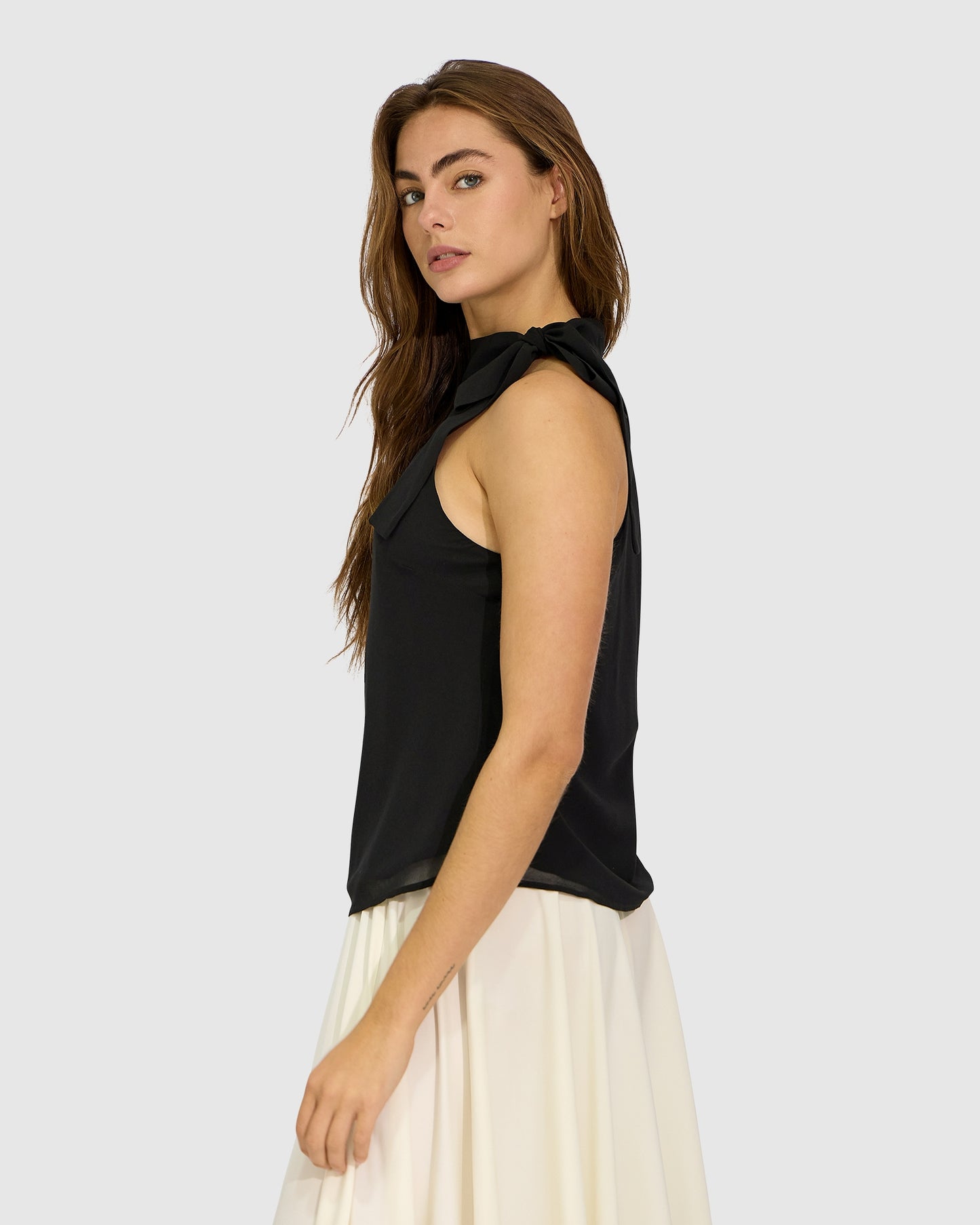 Bare It All Bias Tie Neck Top - Black