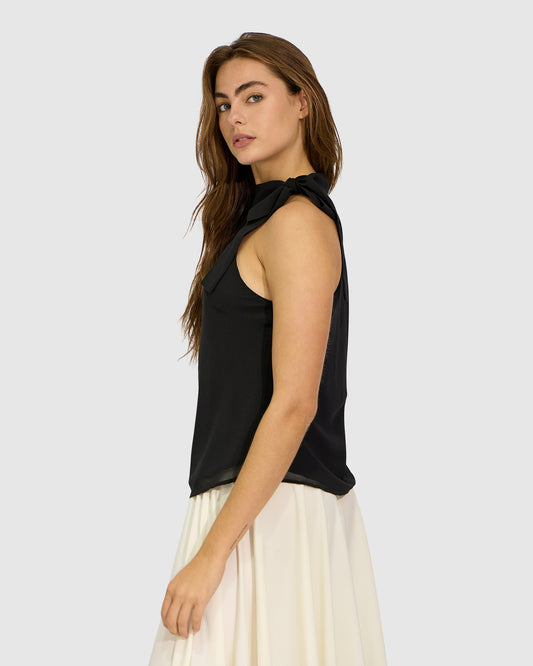 Bare It All Bias Tie Neck Top - Black