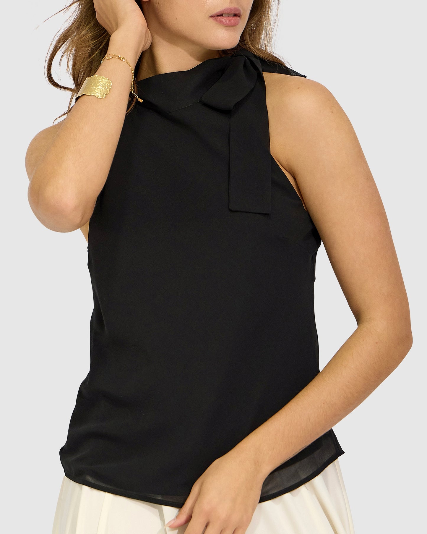 Bare It All Bias Tie Neck Top - Black