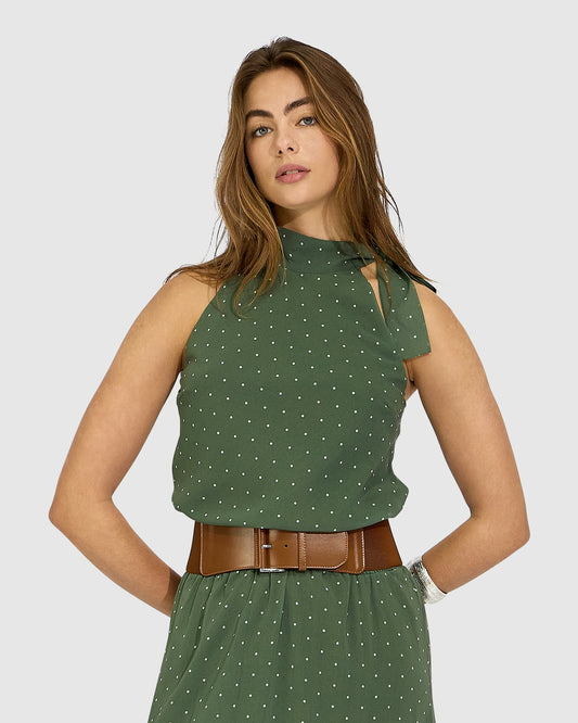Bare It All Bias Tie Neck Top - Olive/Ivory