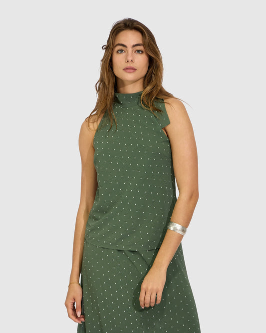 Bare It All Bias Tie Neck Top - Olive/Ivory