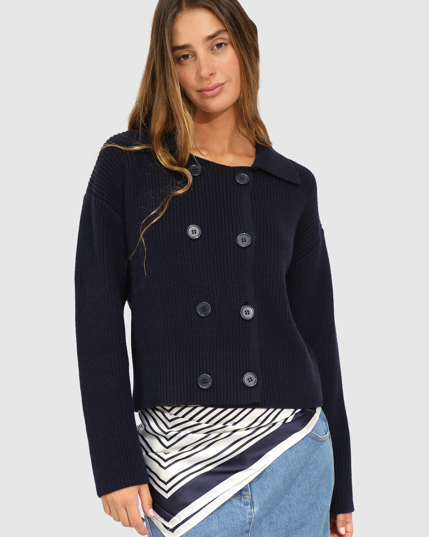 Women's rib knit cardi jacket with double-breasted front and soft collar in navy
