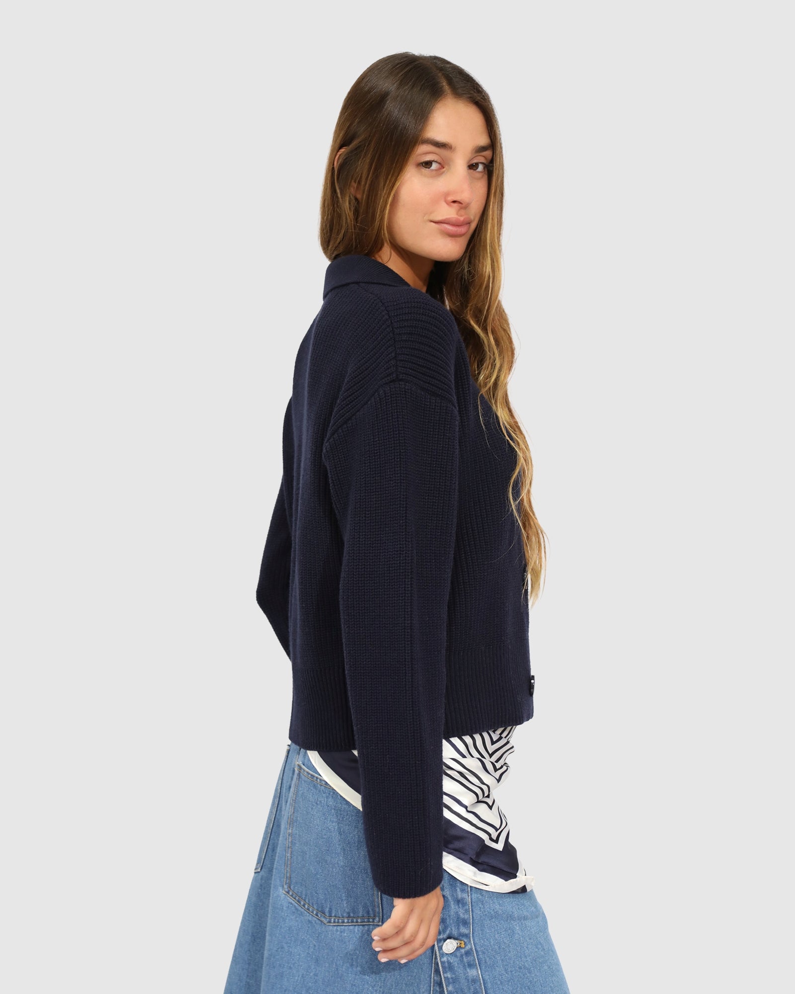 Rib knit cardi jacket side view navy
