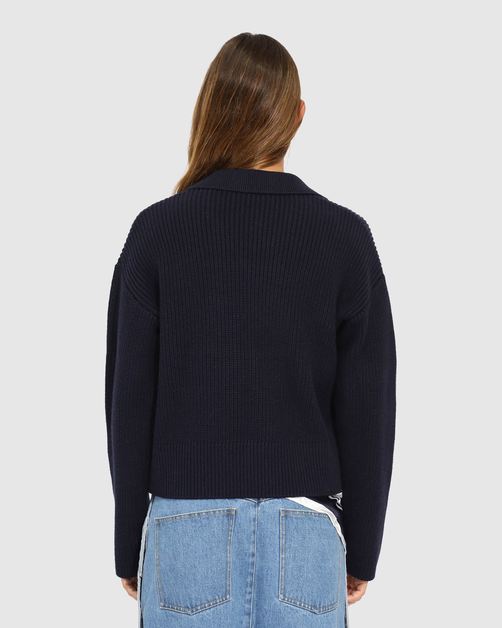 Rib knit cardi jacket back view navy
