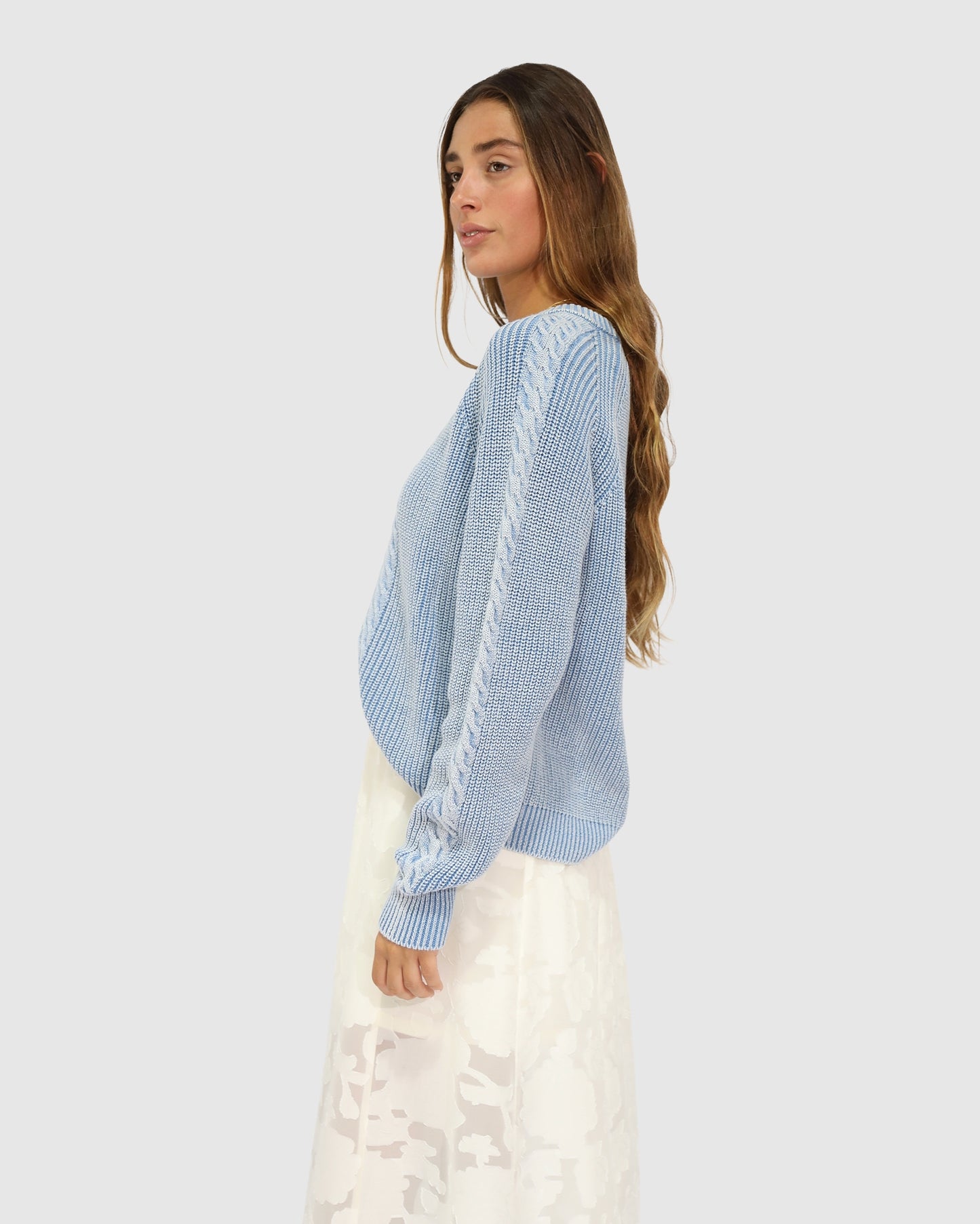 Cable knit sweater side view light blue
