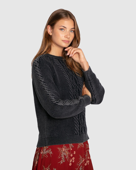Cable knit sweater side view navy
