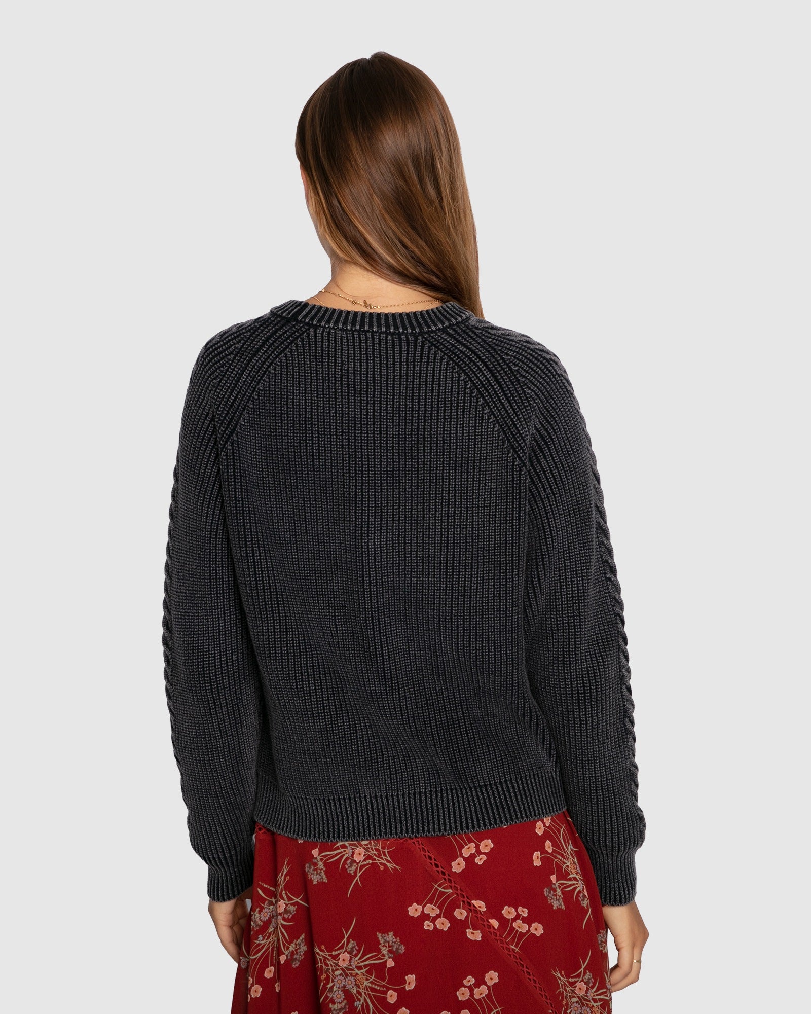 Cable knit sweater back view navy
