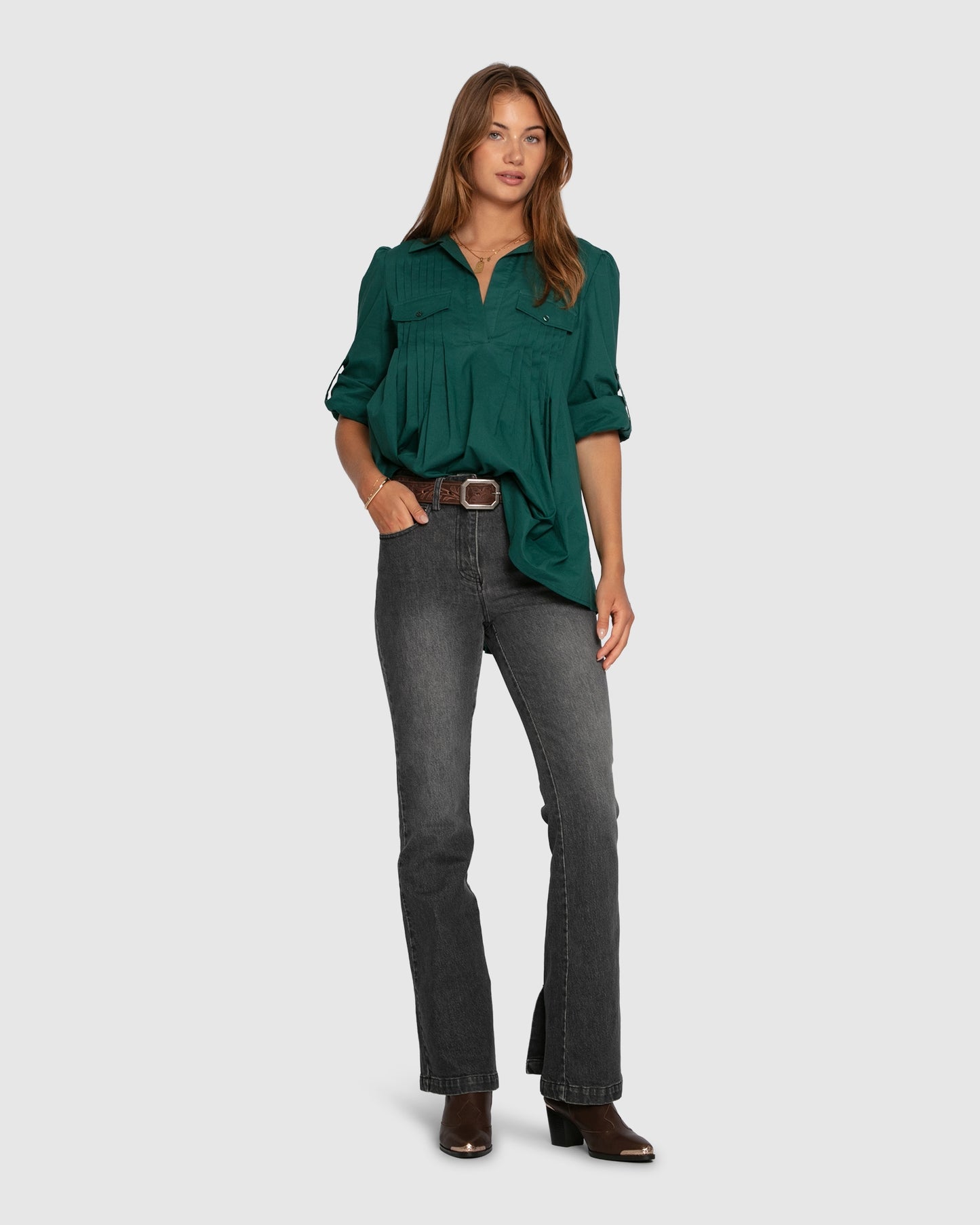 Catch Feelings Pintuck Shirt - Washed Green