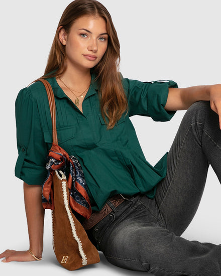 Catch Feelings Pintuck Shirt - Washed Green